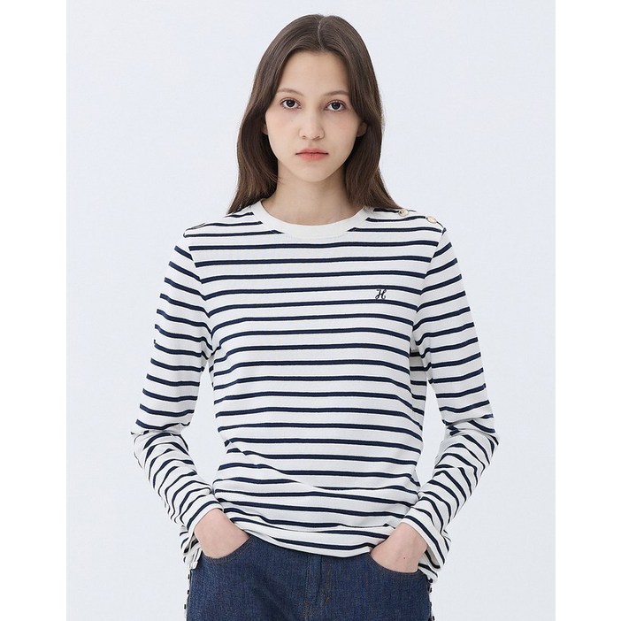 24SS BEST면100스테디셀러네이비 스트라이프 면 긴팔티셔츠 WSTS4AC12N2