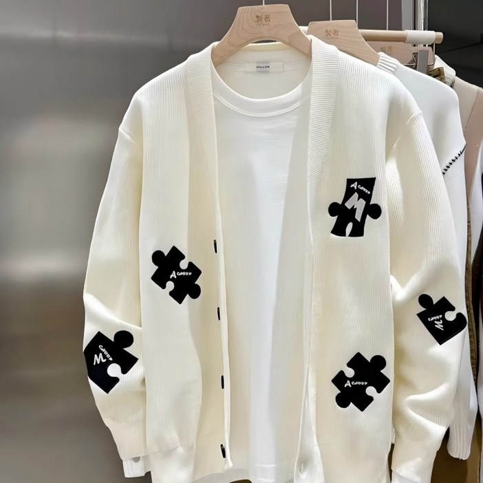 TIMEPURE 남성용 퍼즐 패턴 V넥 카디건 캐주얼하고 트렌디한 데일리 아우터 자카드 디자인과 세련된 컬러 배합의 가을 가디건 화이트 오버핏 가디건