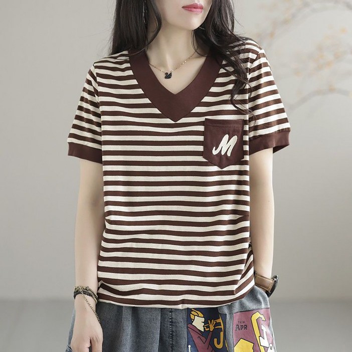 ROYALBELLE 여성 V넥 반팔 티셔츠 빅사이즈 여유있는 스트라이프 레트로 캐주얼 맨투맨티 D0022512