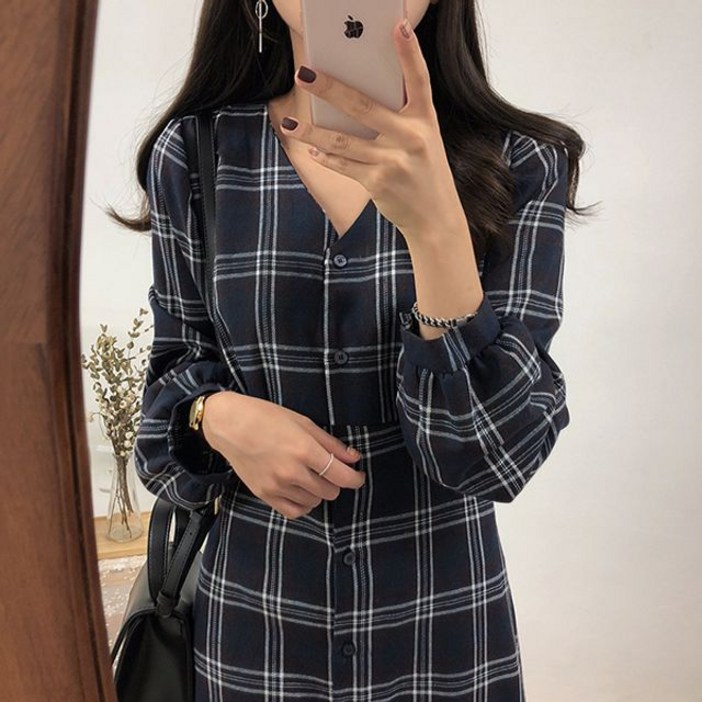 여성 데일리 체크 패턴 가을 단추 원피스