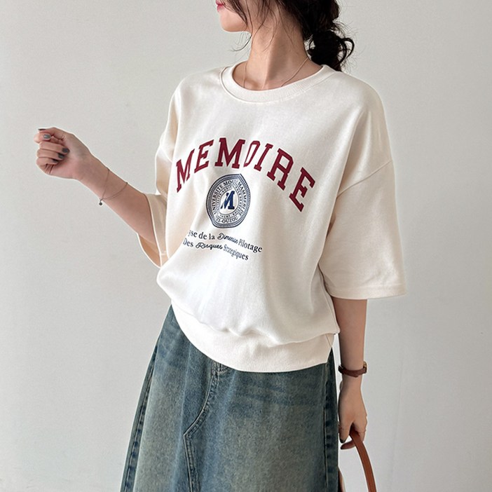 데일리앤 윌스 루즈핏 7부 맨투맨 레터링 프린팅 여성 반팔 티셔츠 봄 가을 캐주얼 스웻셔츠 간절기