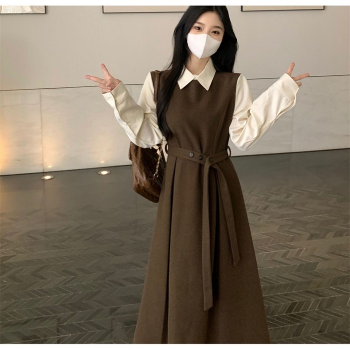 ANYOU 여성 롱 원피스 패션 카라넥 긴팔 캐주얼 원피스 빅사이즈 셔츠원피스 봄가을 데일리룩