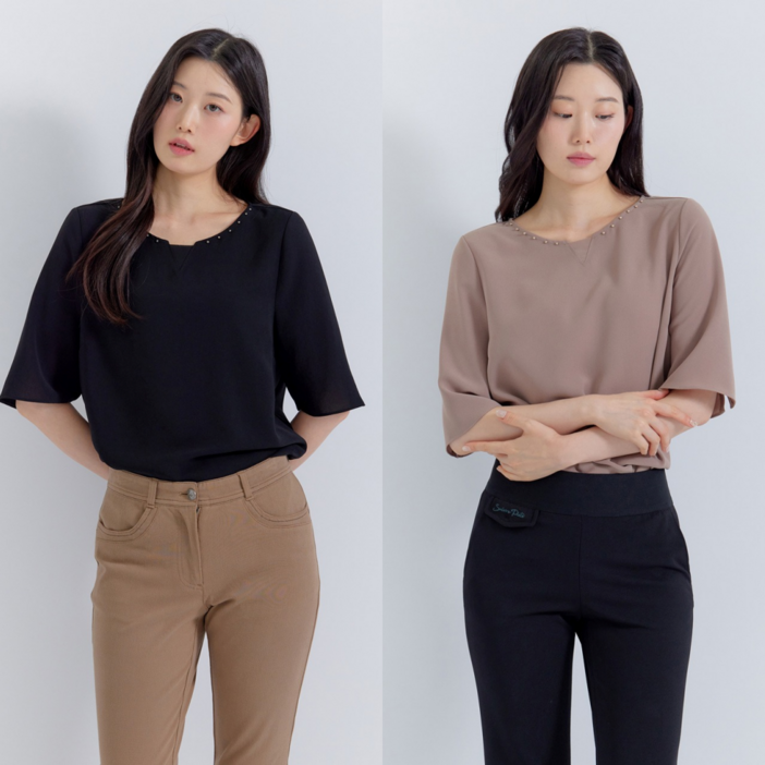 지센 이월상품 부산점  우븐패치 블라우스형 티셔츠 LFTSP802 2컬러