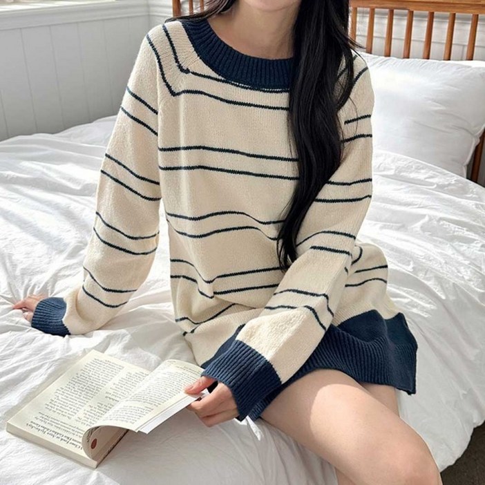 기모원피스 배색 니트 롱원피스 데이트룩 라운드넥 랩원피스 홈원피스
