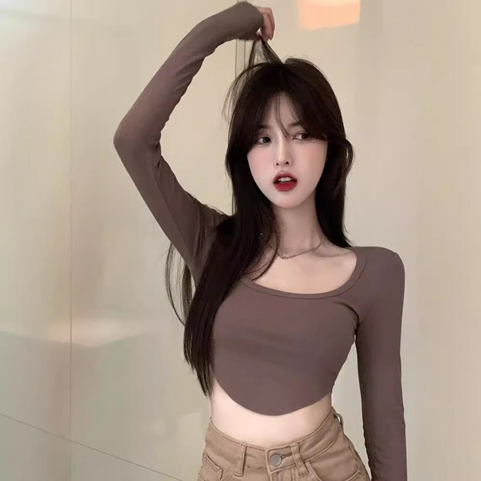 여성 긴팔 크롭 티셔츠 슬림핏 배꼽티