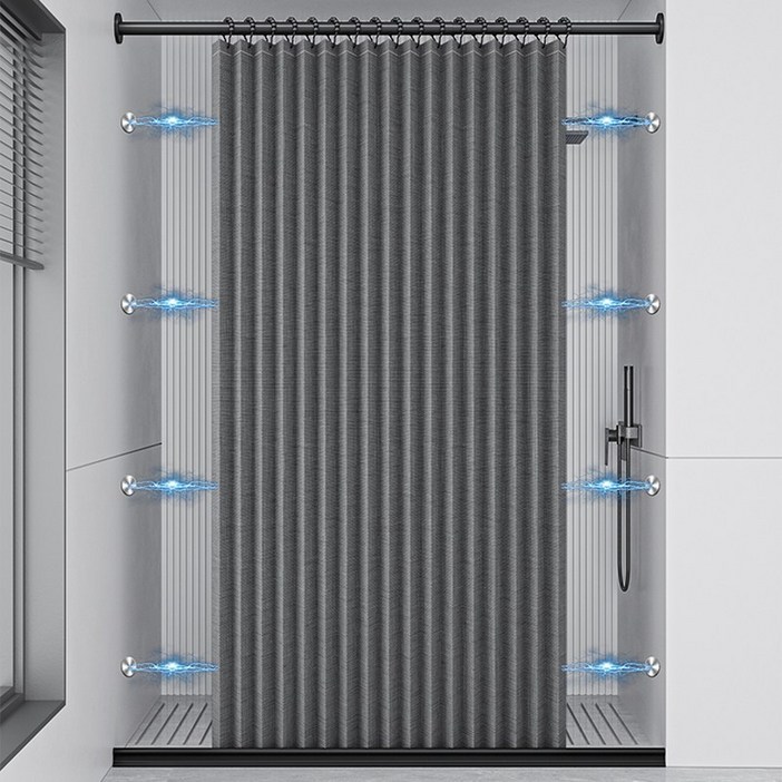 Alemon 자동접힘 욕실샤워커튼 양쪽 초강력 자석 방수 건습분리, 블랙  150200cm  1세트, 1개