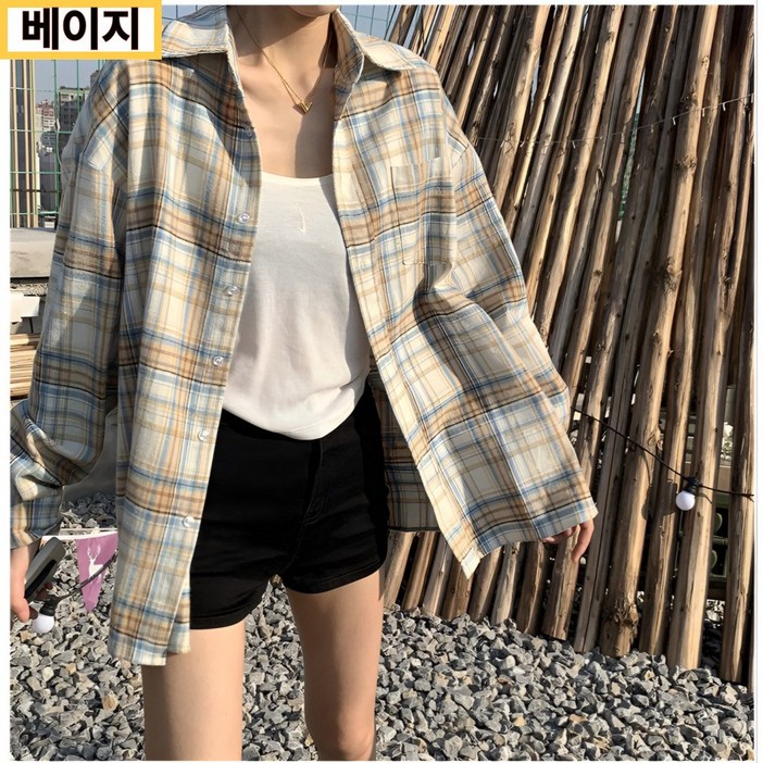 재이한 여리여리 사계절 데일리 오버핏 여성 빈티지 체크 남방