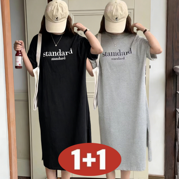 여성 여름 1+1 날씬해보이는 심플 레터링 프린트 라운드넥 일자 롱 원피스 무릎 아래까지 홈웨어 옆트임 캐주얼 드레스