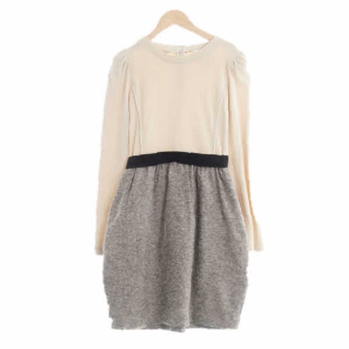 2326 오즈세컨 베이지블랙믹스 울 소매셔링허리띠배색원피스 8596160