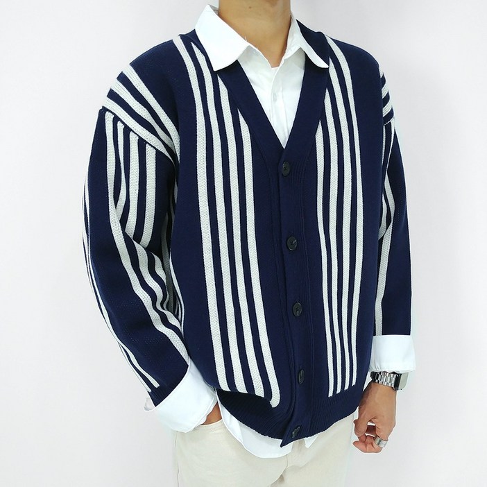 로니제이 남자 단가라 브이넥 가디건 남녀공용 루즈핏 스트라이프 니트 가디건