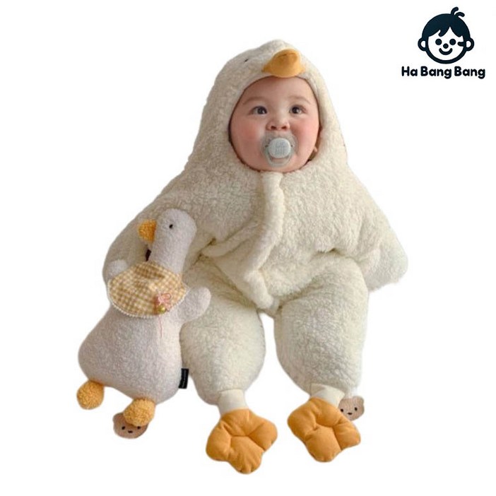 하방방 아기 신생아 뽀글이 귀여운 오리우주복