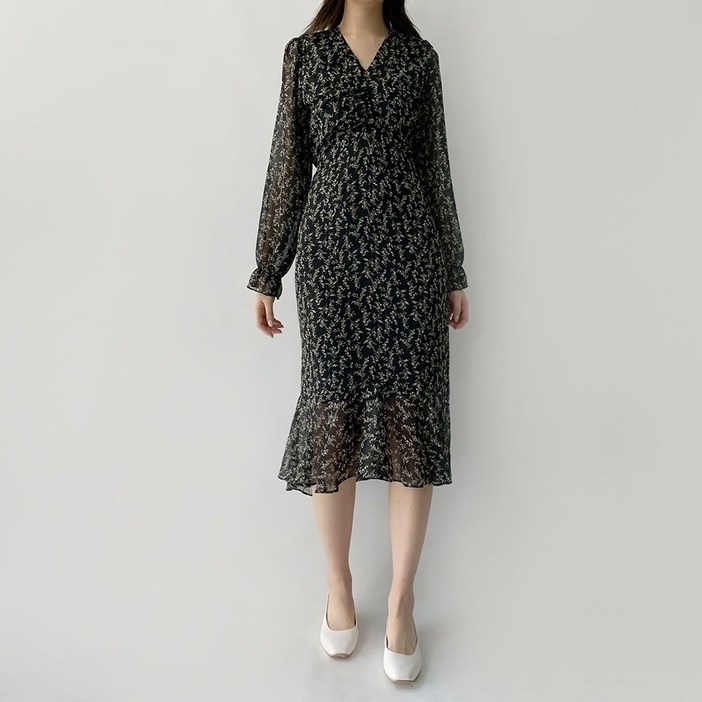 여리핏 데이지클로젯 제닛 셔링 플라워 긴팔 롱원피스  봄 여름 가을 간절기 꽃무늬 나염 청순 결혼식 하객룩 프릴 쉬폰 시폰 데이트룩 나들이룩 소개팅룩