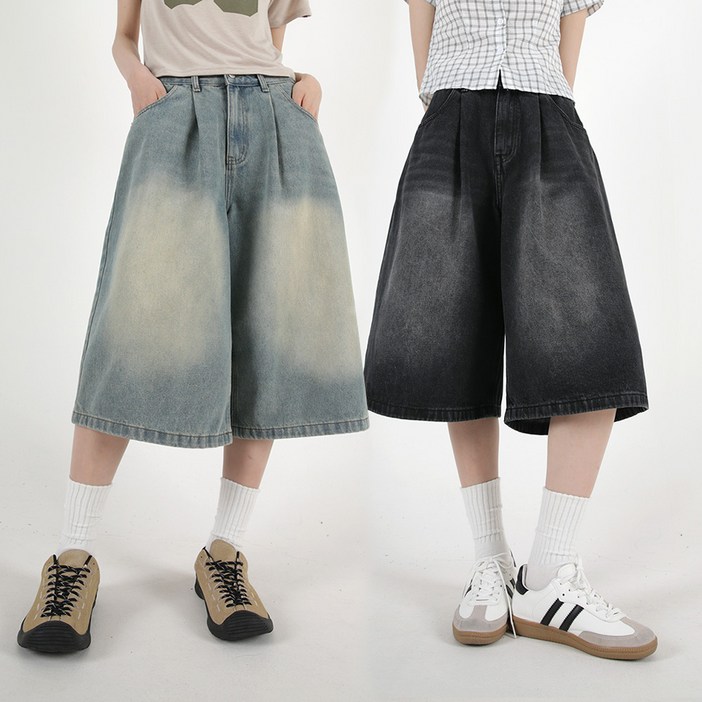 오버나인 여자 원핀턱 와이드 버뮤다 데님 팬츠