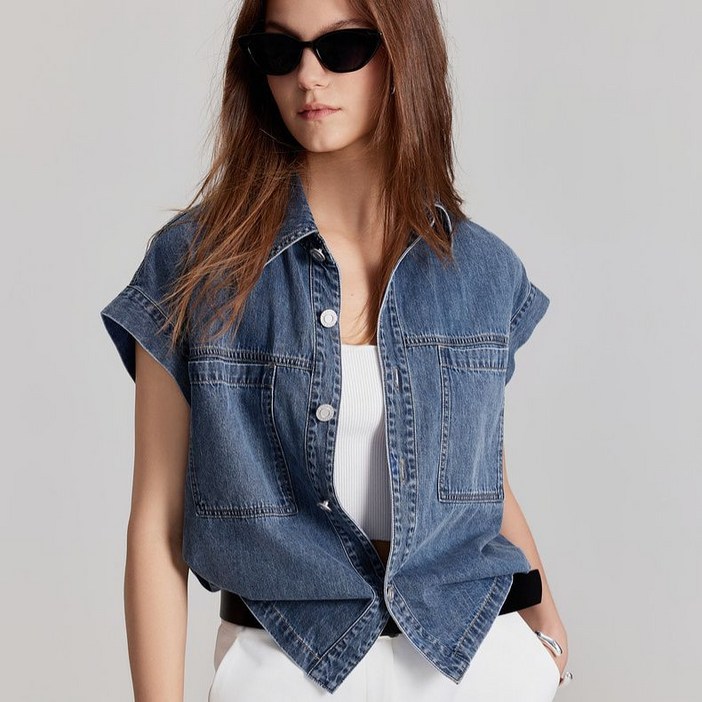 씨유언니 여성 데일리 반팔 데님 청 자켓 아우터 캐주얼 루즈릿 카라넥 반팔 남방 셔츠