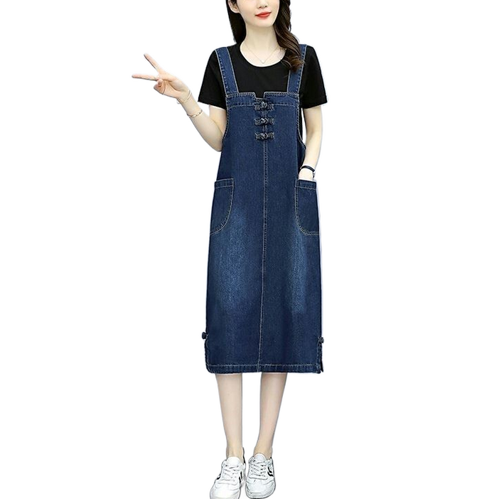 여성용 빅사이즈 데님 멜빵 스커트 봄 여름 가을 루즈핏 포켓 나시 원피스