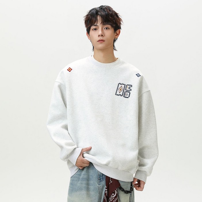 코디코치 머니빈 맨투맨 스트릿 루즈핏 드롭 오버사이즈 심플 자수 포인트 긴팔 티셔츠