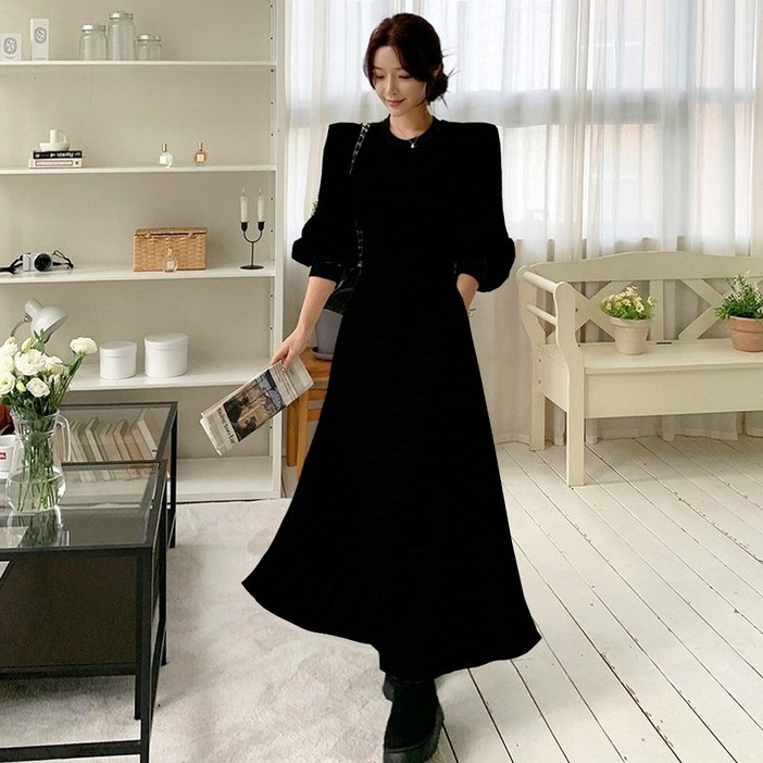 떳다그녀 브롱 핀턱 퍼프소매 꾸안꾸 포켓 데일리룩 단가라 스트라이프 무지 맥시 롱원피스