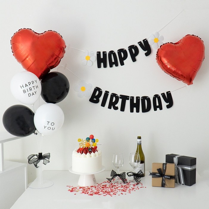 지에이엠 생일이벤트 데이지 가랜드 하트 호일풍선 레터링풍선 생일파티용품세트, 1세트, 생일가랜드(블랙) 포켓몬생일풍선