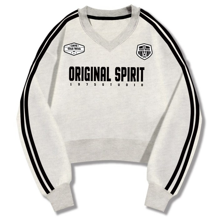 미스티그레이 WD 소매두줄 본투비 브이넥 기모 세미 크롭 맨투맨