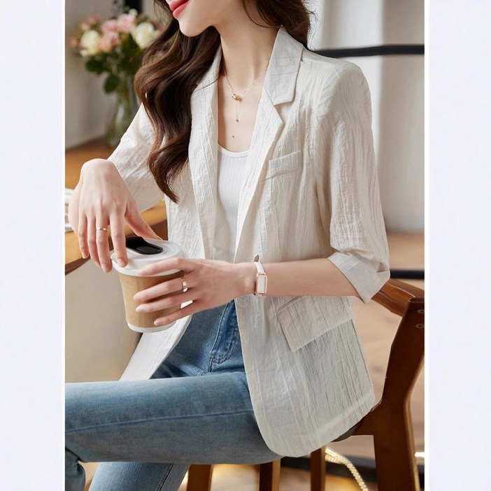 ANYOU 여성 여름 쉬폰 5부 정장 코트 캐주얼 자외선 차단 얇은 상의