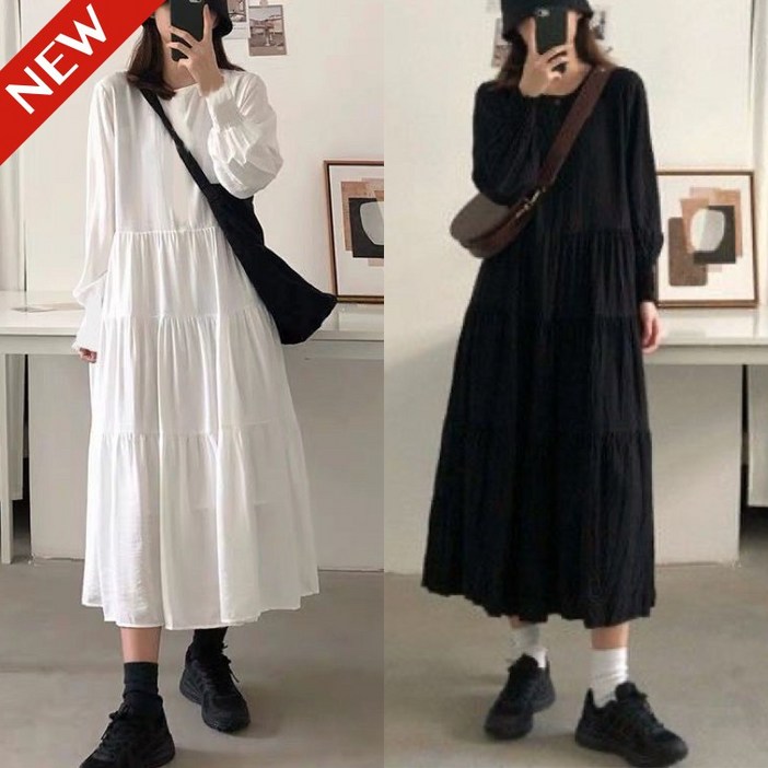 25년 신상 150kg까지 빅사이즈 여성 프렌치 우아한 허리꼬임 플리츠 긴팔 원피스 봄 가을 편한 라운드넥 큐티 스위트 롱 a라인 이너 큰옷 오버핏 플레어 모던 코디 원피스