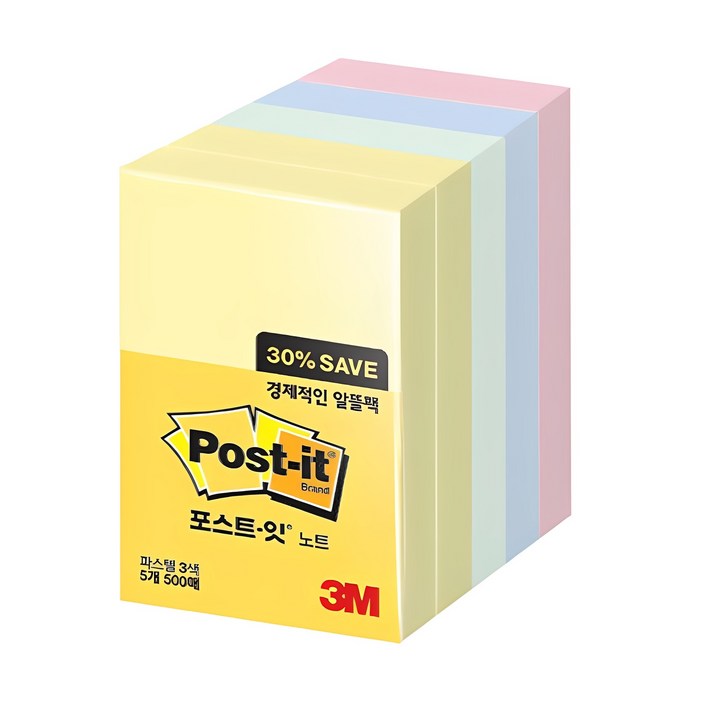 포스트잇 노트 알뜰팩 6565A, 노랑 애플민트 크림블루 러블리핑크, 500매, 1개