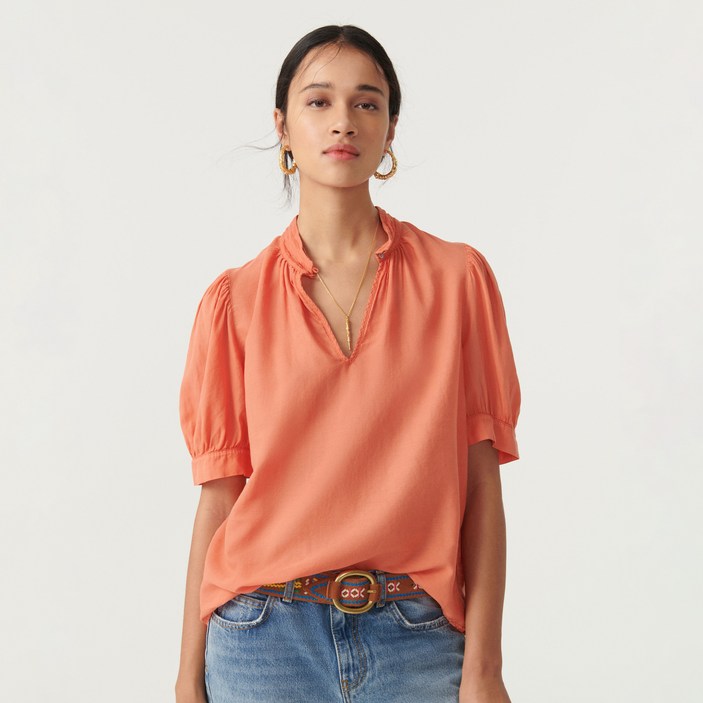 바앤쉬 셔링 장식 면 반팔 블라우스