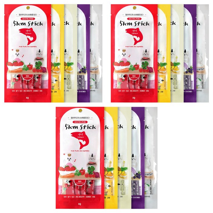 조공 전연령 고양이 강아지 오키로스틱 짜먹는 간식 5팩, 혼합맛(레드/옐로우닭/옐로우대구/퍼플/화이트), 3세트