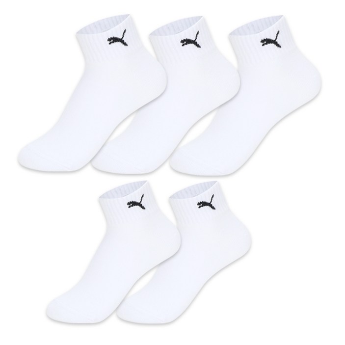 푸마 이중쿠션 단목 양말 5족 세트, 화이트, 1세트