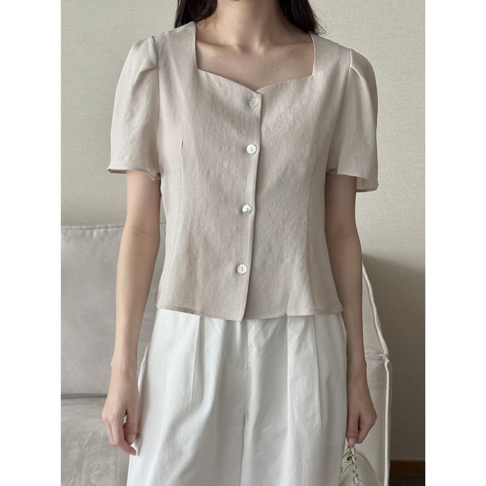 포쉬 [44-66반 프리사이즈][자체제작][국내산] 캐주얼 퍼프 스퀘어넥 반팔 블라우스