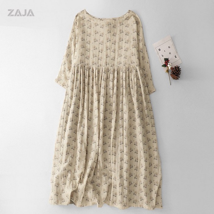 ZAJA 플라워 허리끈 여름 여성 루즈핏 린넨 원피스