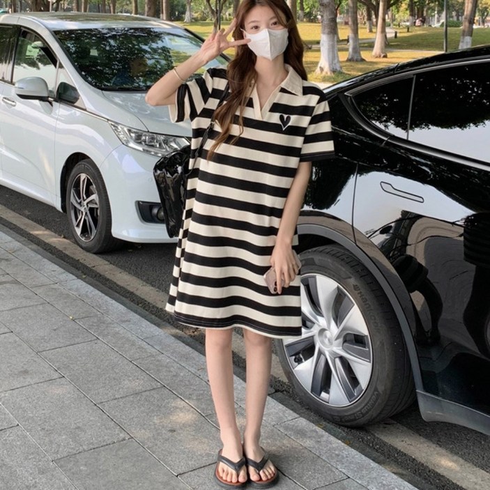 라인엘 카라넥 스트라이프 반팔 여성 원피스 여름