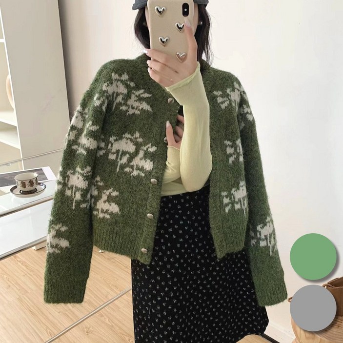 핏몬 꽃송이 포근한 라운드넥 니트 가디건