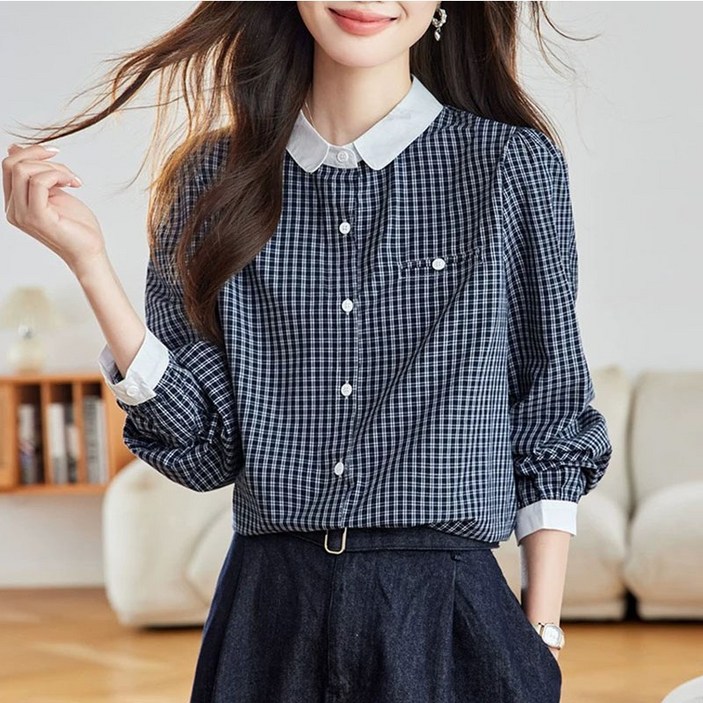 슬림소녀 여성 봄가을 심플 캐주얼 루즈핏 체크 남방 편안하고 이지 편리 상의 아우터
