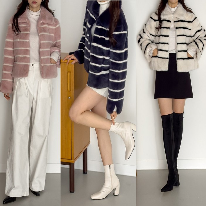 [마콜] 럭셔리 인조퍼 에코퍼 스트라이프 숏 칼라 자켓