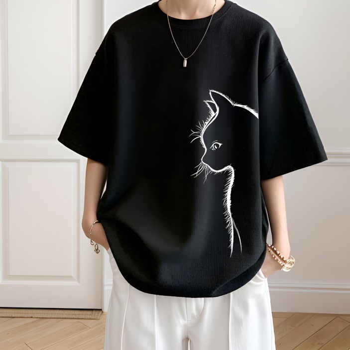 블랙초코 편안한 남여공용 고양이 반팔 티셔츠 프린팅 박스티 빅사이즈 오버핏
