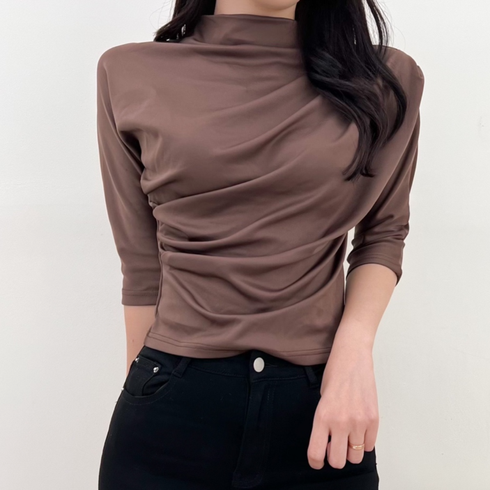 투디 7부 반목 새틴 사이드 셔링 블라우스 티셔츠 국내제작, 3color