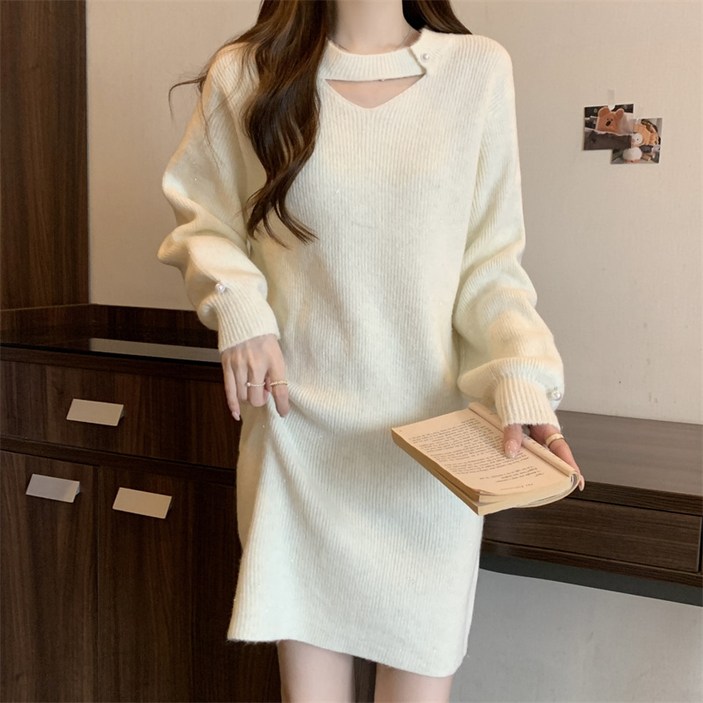 아이엠몽 여성 초커 스타일 소매 진주 포인트 니트 미니 원피스