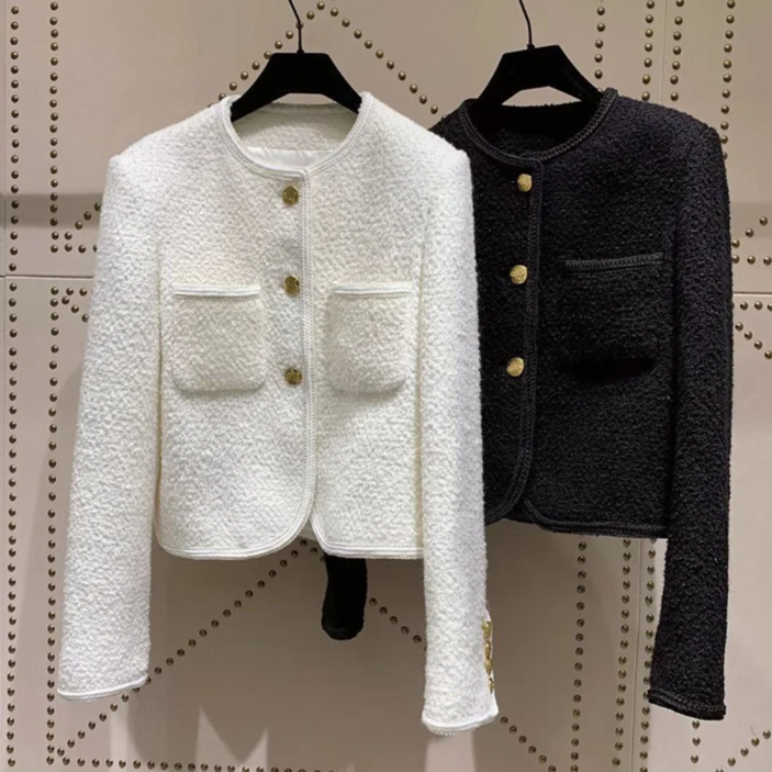N.R.T 라운드넥 여성트위드자켓 데일리 노카라 크롭 트위드자켓 하객룩