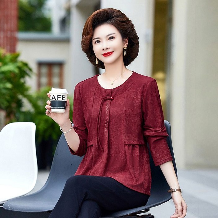 COSYEVNO 중년 엄마 셔츠 가을 라운드 프린트 빅사이즈 심플 시크 편안 루즈핏 캐주얼 편안한 상의 CXJcs-33