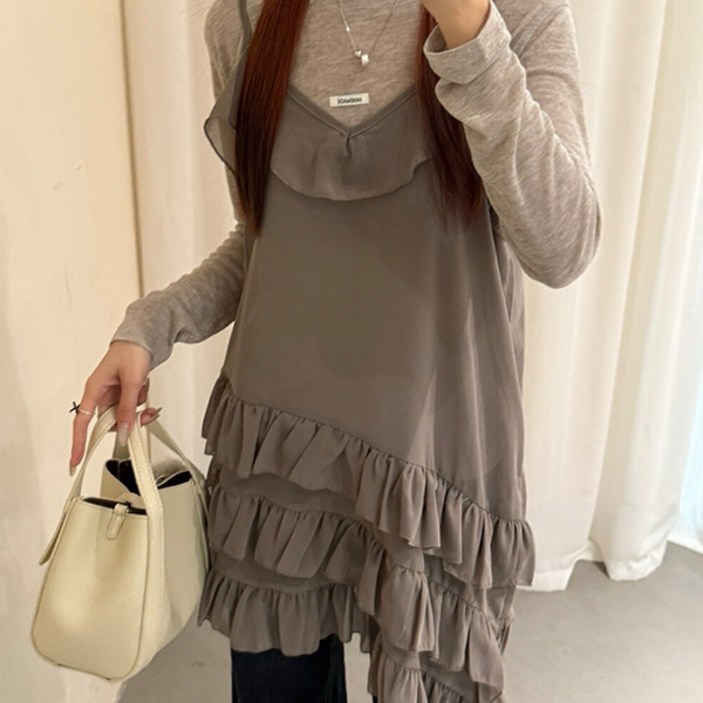 [레이어드#SML] 여성 아멜리 티어드 캉캉 뷔스티에 원피스 세트 나시블라우스