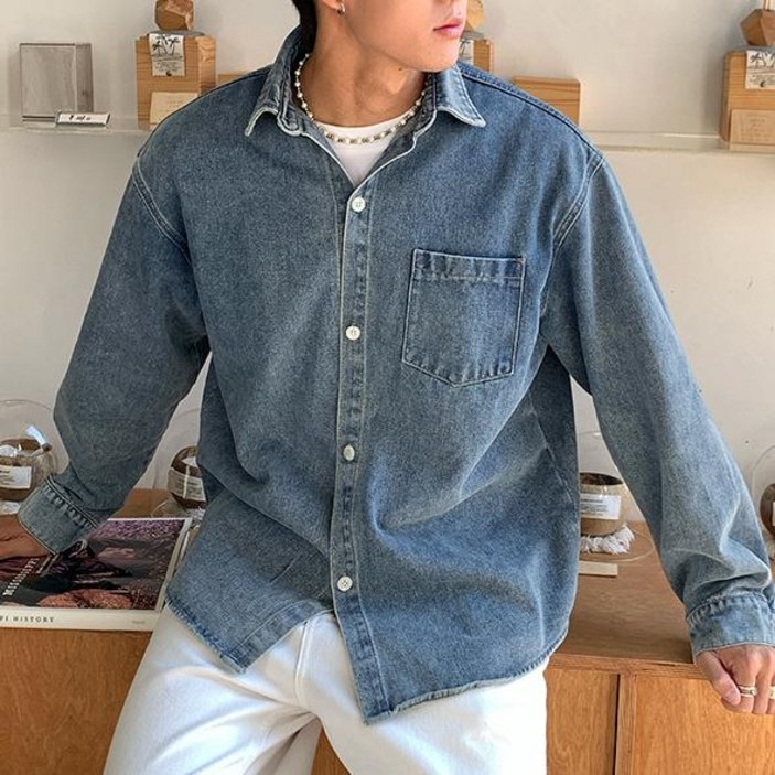 HANYO 남성용 레트로 Y2K 와이드 핏 캐주얼 긴팔 데님 셔츠