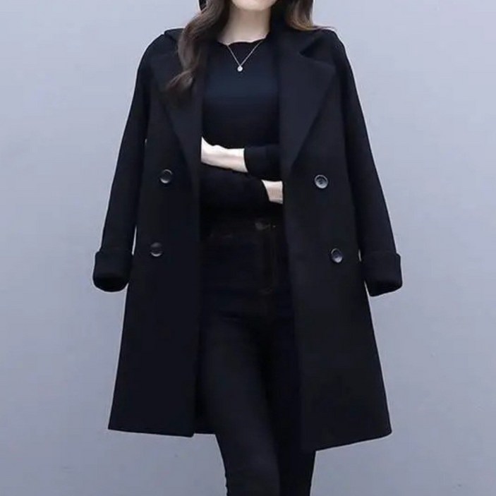 봄 가을 코트 심플 샤프트 울 코트 두툼 헵번 스타일 포켓 탑재 여성 블랙 슬림 미디 길이 더블 버튼 트렌치 코트 빅사이즈