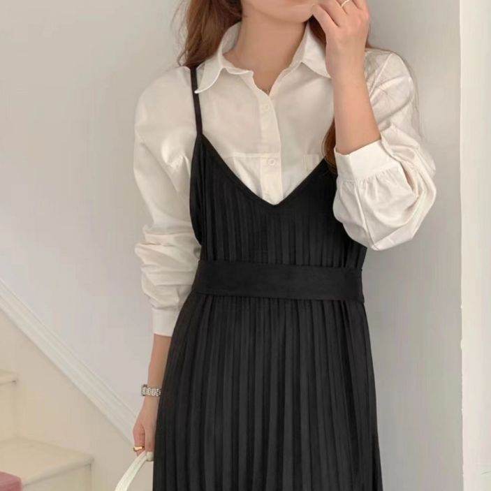 스웨이드 리본끈 플리츠 롱 원피스