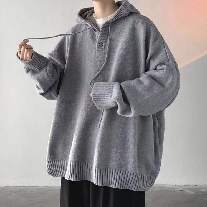 지디오 남성 빅사이즈 니트 후드티 긴팔 오버핏 무지 후드 니트티