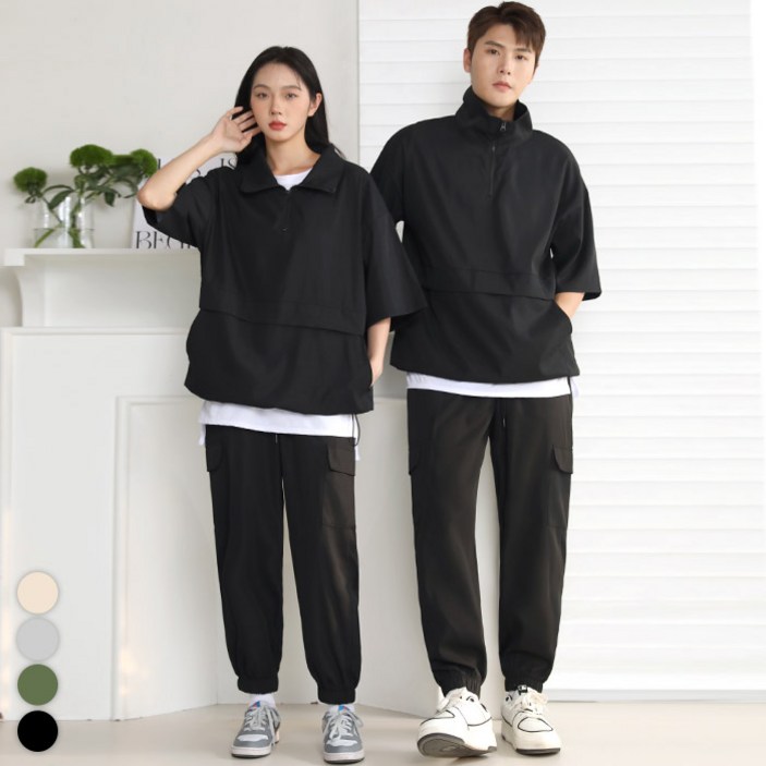 텐클로 빅사이즈 (상의 90~140) 남녀공용 바람막이 반집업 반팔 아노락 + 조거 팬츠 트레이닝 상하세트