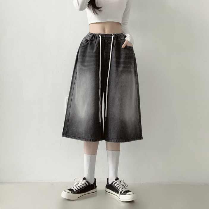 제이앤썸 데님 와이드 7부 버뮤다 팬츠 허리 올밴딩 청반바지 프리사이즈 와이드핏 숏츠 밴딩 반바지