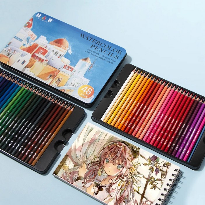 HB문화사 48색 색연필 수채화 수성 + 연필깎이 + 전용 브러쉬 증정 틴케이스 1셋트, 48색, 1세트
