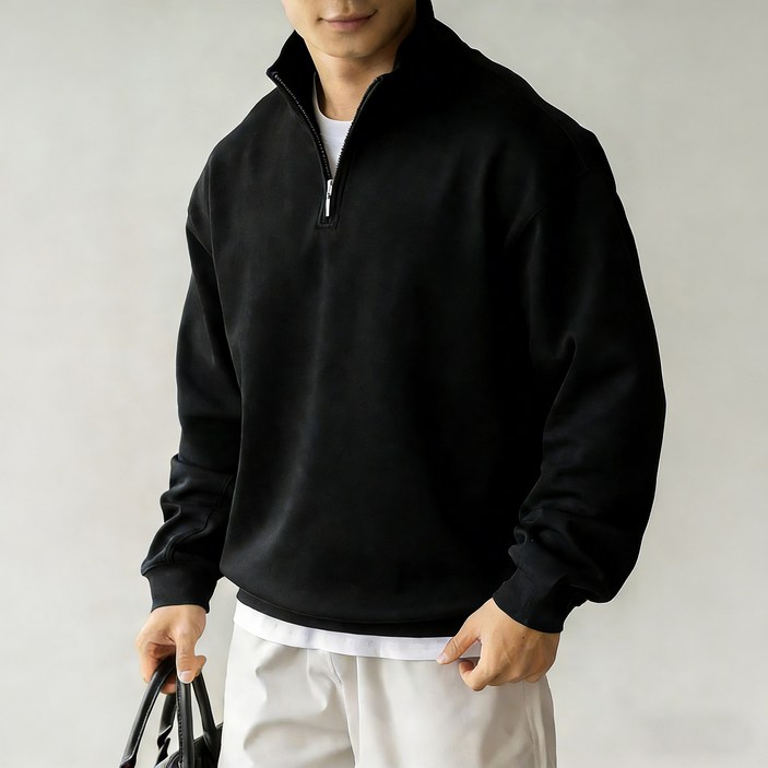 ANYOU 남성 빅사이즈 오버핏 맨투맨 캐주얼 두꺼운 반집업 맨투맨