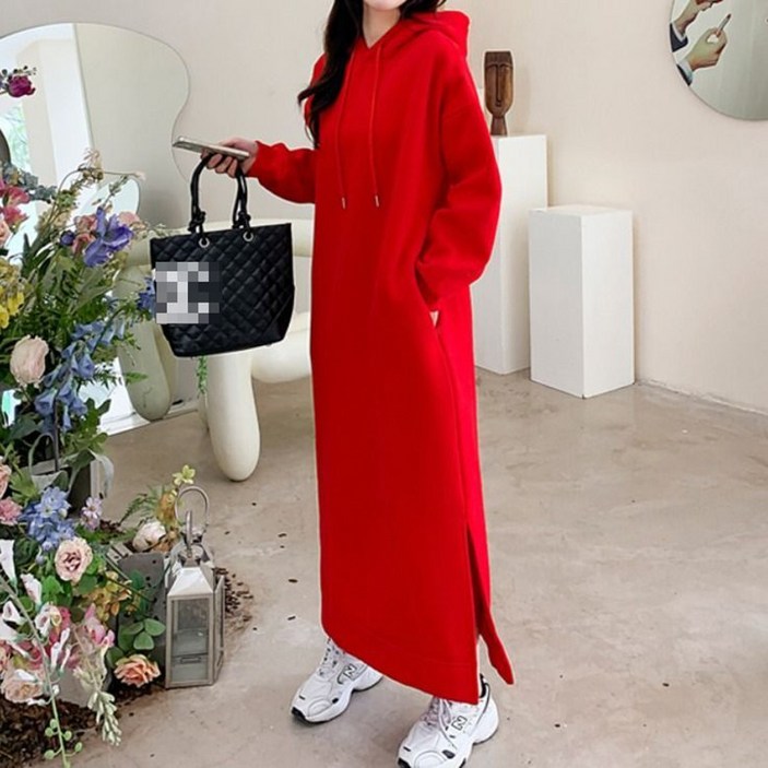 POMTOR 기모 후드 원피스 봄가을 오버핏 무릎 맨투맨 롱스커트 도톰 빅사이즈 원피스